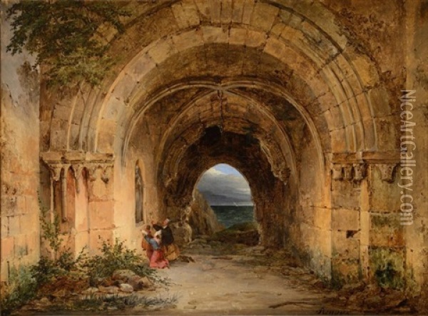 Pelerins En Priere Dans Les Ruines D'une Abbaye Oil Painting - Charles Caius Renoux
