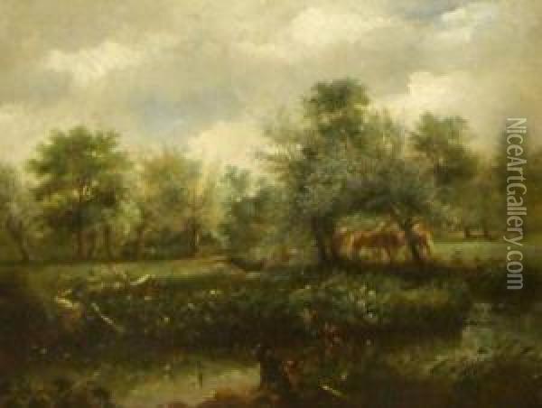 River Scene With Horses Grazing And Dogs Sitting By Riverbank Oil Painting - George Thomas Rope