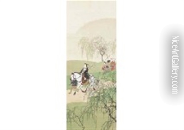 Cherry Blossoms Village Oil Painting - Okoku Konoshima