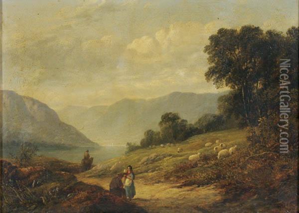 Highland Loch With Figures And Sheep Oil Painting - Robert Bridgehouse