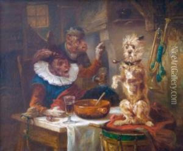 Les Joyeux Singes Et Le Chien Savant Dans Une Taverne. Oil Painting - Zacharias Noterman