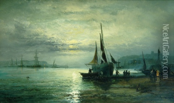 Shoreham Harbour By Moonlight Oil Painting - Charles Thornley