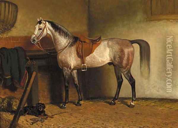 A saddled grey horse in a stable Oil Painting - Cornelis Albertus Johannes Schermer