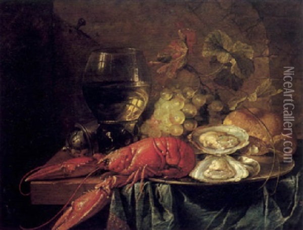 Still Life Of A Crayfish With Oysters On A Silver Dish With A Roemer, Saltcellar, Grapes And Bread Oil Painting - Cornelis De Heem