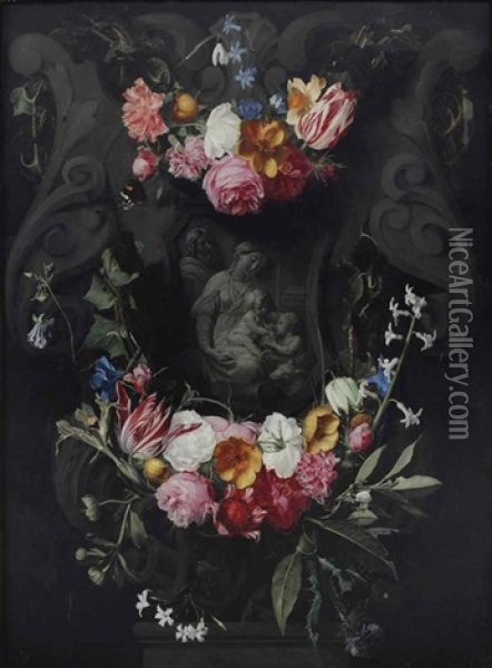 A Garland Of Flowers With The Holy Family And The Infant John In A Sculpted Cartouche Oil Painting - Erasmus Quellinus II