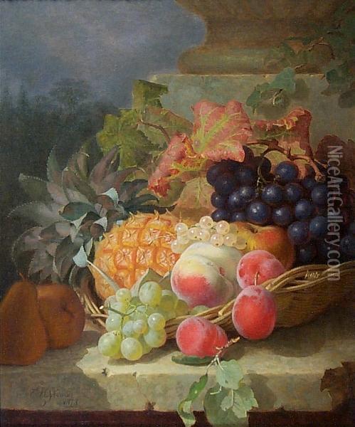 Still Life Of Fruit In A Basket On A Marble Ledge Oil Painting - Eloise Harriet Stannard