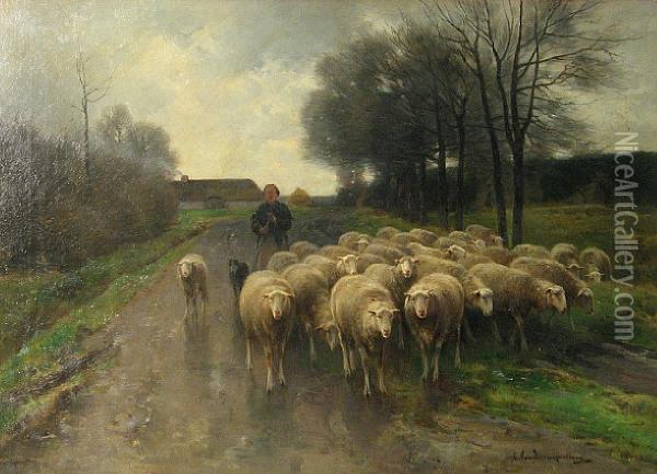 A Shepherdess With Her Flock Oil Painting - Cornelis van Leemputten