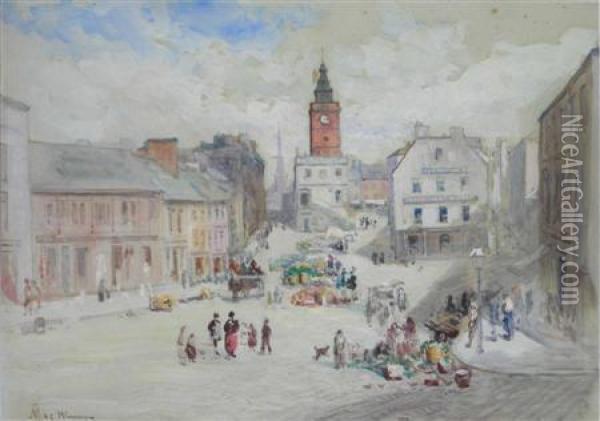 A Market Square, Possibly Dumfries Oil Painting - John MacWhirter