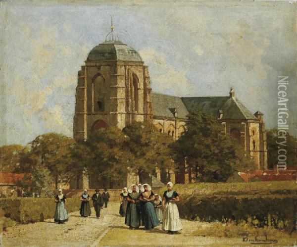 Kerkgangers In Zeeuwse Klederdracht Bij De Grote Kerk Inveere Oil Painting - Johannes Christiaan Karel Klinkenberg