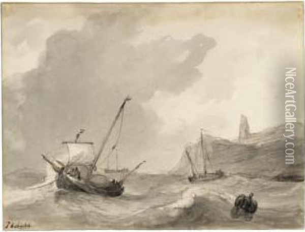 A) Beach Scene With Beached 
Boats By A Breakwater And A Man Wading In A Rough Sea; B) Boats On A 
Rough Sea, Off A Rugged Coast Oil Painting - Johannes Christian Schotel