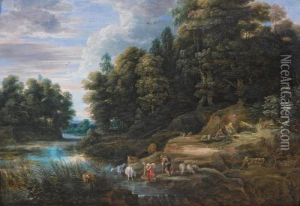 River Landscape With A Herder And A Woman Collecting Water Oil Painting - Frans Wouters
