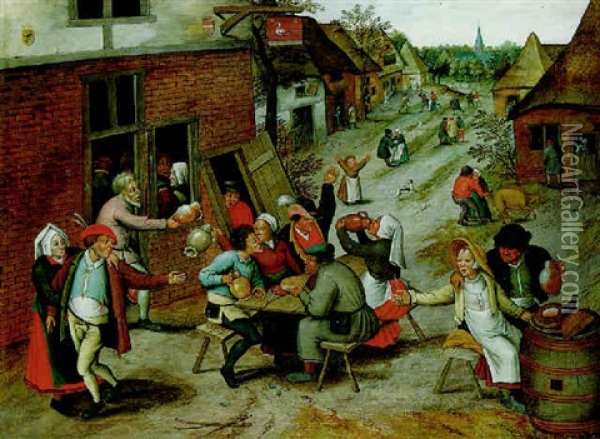 Villagers Merrymaking Outside The Swan Inn Oil Painting - Pieter Brueghel the Younger