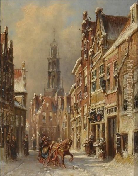 Figures On A Sledge In A Snow-Covered Dutch Town Oil Painting - Pieter Gerard Vertin