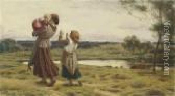 A Mother With Her Children By A River Oil Painting - John Dawson Watson