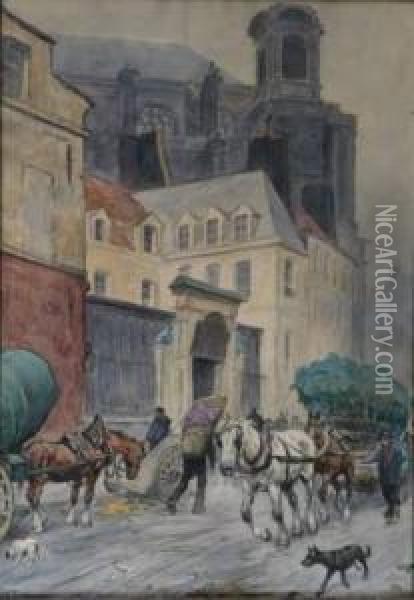 Au Pied De L'eglise Saint Sulpice Oil Painting - Frederic Puechmagre
