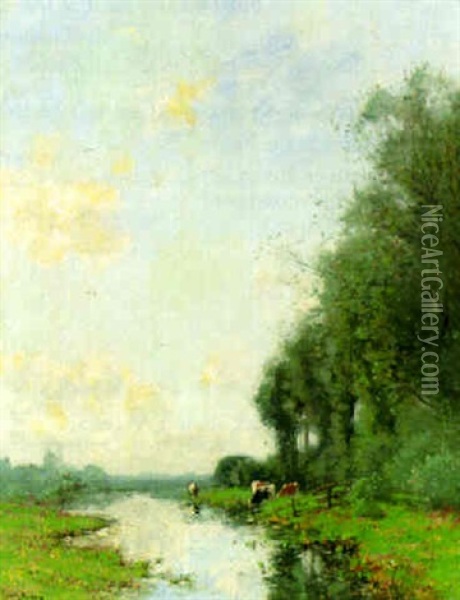 Cows Grazing By A River Oil Painting - Cornelis Kuypers