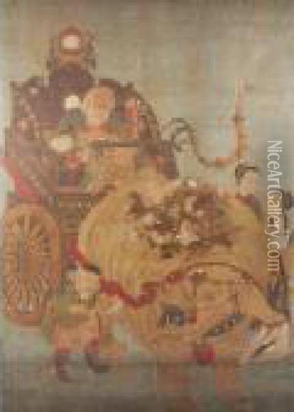 Immortal Riding In An Elephant Drawn Cart Oil Painting - Wan Shouqi