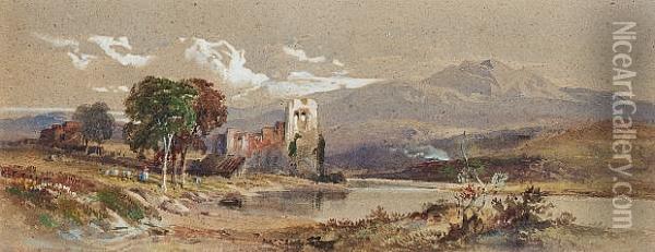 A Ruined Abbey Beside A Loch Together With Another Scottish Scene By The Same Hand Oil Painting - William Leighton Leitch