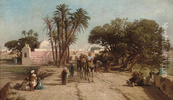 A Camel Train Before The City Gates Oil Painting - Albert Girard