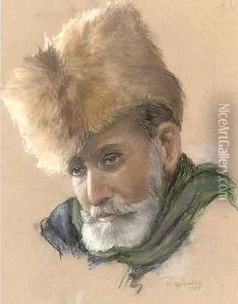 Portrait of a bearded man in a fur hat Oil Painting - Russian School