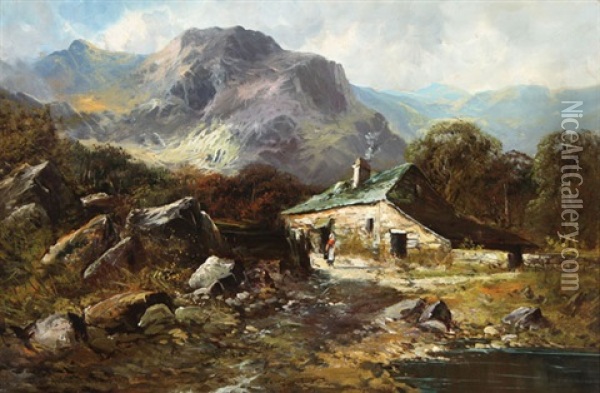Old Cottages Near Barmouth, North Wales Oil Painting - George W. Aikman