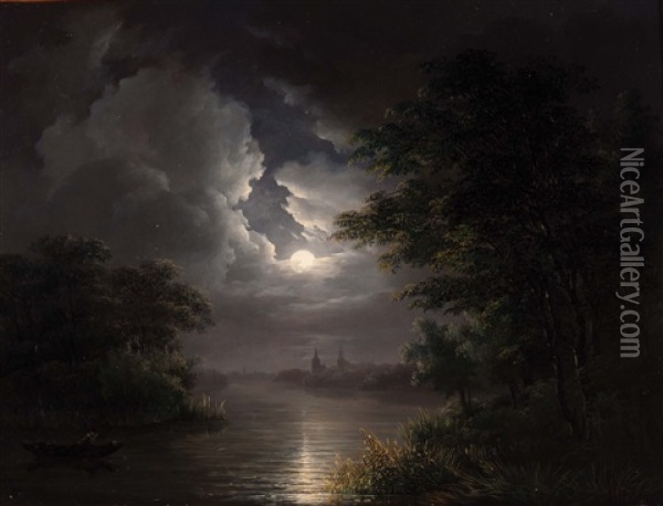 River Landscape By Moonlight Oil Painting - Willem De Klerk
