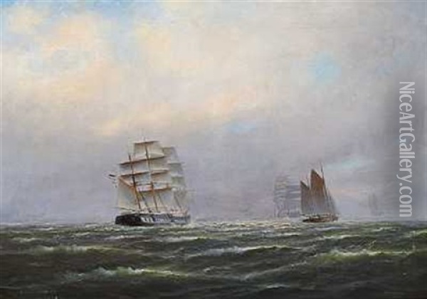 Marine Med Sejlskibe Ud For Montevideo Oil Painting - Alfred Serenius Jensen