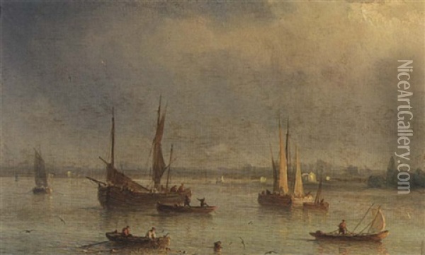 Fishing Boats In A Bay Oil Painting - Henriette Gudin