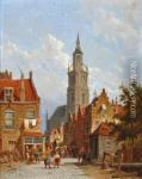 Figuren Op Straat Bij De Grote Kerk Van Breda Oil Painting - Pieter Cornelis Dommershuijzen
