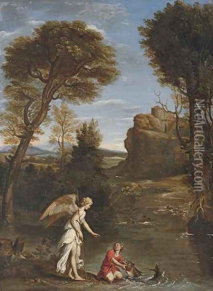 An Italianate landscape with Tobias and the Angel Oil Painting - Domenico Zampieri (Domenichino)