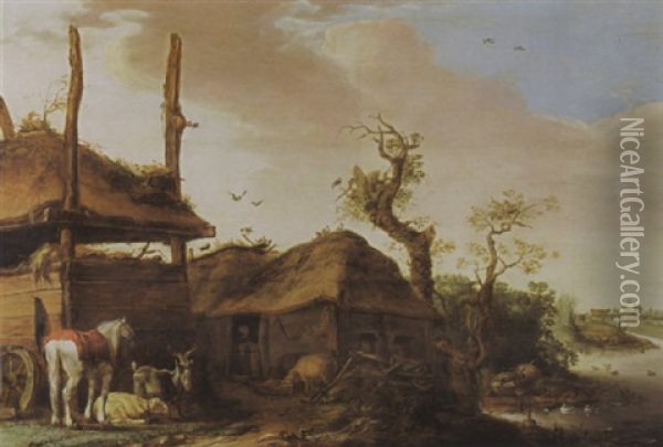 A Farmstead Near A Stream, With A Horse, A Goat, A Sheep And Pigs Near A Haystack, With A Peasant Looking Out Through His Doorway Oil Painting - Cornelis Saftleven