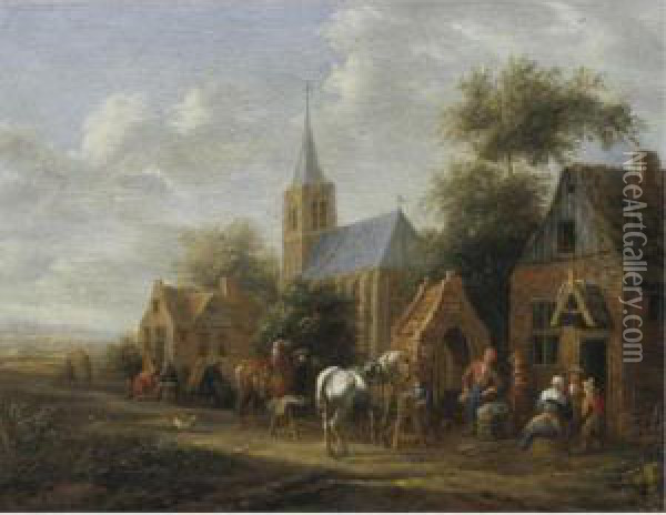 A Village Scene With Figures Conversing Before Cottages And Horses Eating From Mangers Oil Painting - Dirk van Bergen