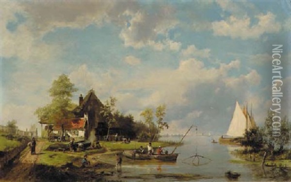 A River Landscape With A Ferry And Figures Mending A Boat Oil Painting - Hermanus Koekkoek the Elder