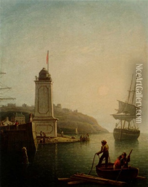 Shipping Off The Lighthouse, North Shields Oil Painting - Robert Salmon