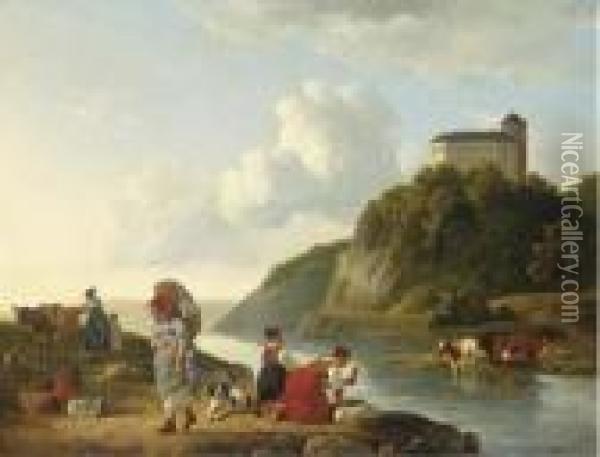 Washer Women At A Riverbank, A Castle Beyond Oil Painting - Leendert de Koningh