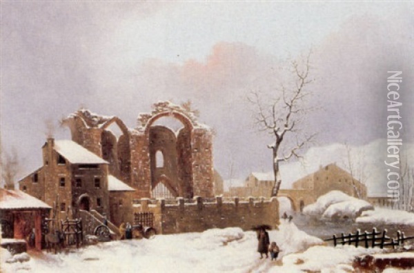 A Winter Landscape With Figures On A Path By A Ruined Church Oil Painting - Jules Cesar Denis van Loo
