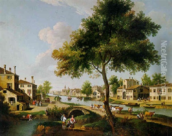 View Along A Canal In The Veneto Oil Painting - Giovanni Battista Cimaroli