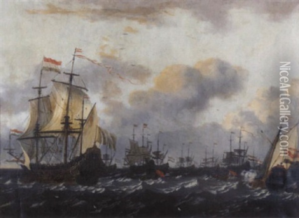 Men-of-war On The High Seas Oil Painting - Wigerus Vitringa