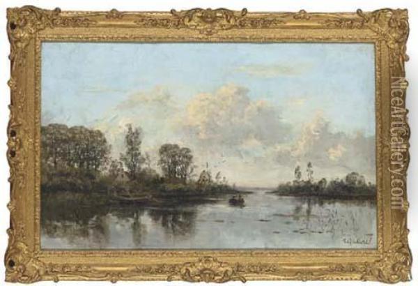 A Barge On A Quiet Stretch Of The River Oil Painting - Fredericus Jacobus Van Rossum Du Chattel