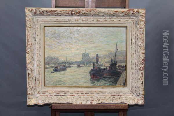 Peniche Amarree Sur La Seine A Paris Oil Painting - Gustave Madelain