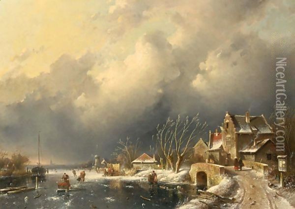 A Winter Landscape With Skaters Near A A'Koek En Zopie A' Oil Painting - Charles Henri Leickert