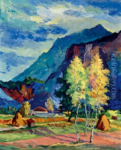 Landschaft Mit Felswanden Und Birken Oil Painting - Stephanie Hollenstein