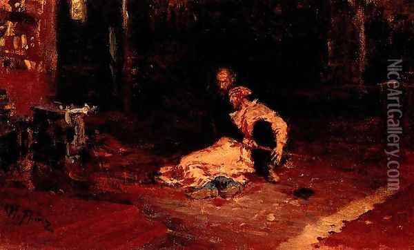 Ivan the Terrible and his son Ivan 1870-1873 (sketch) Oil Painting - Ilya Efimovich Efimovich Repin