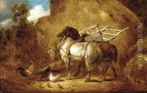 Carthorses In A Farmyard Oil Painting - George Armfield