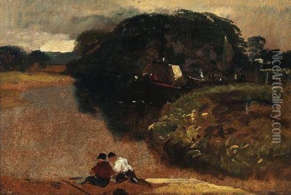 Boys Fishing Near A Barge Oil Painting - Edward Hargitt
