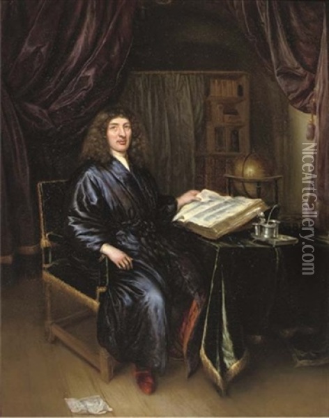 Portrait Of A Gentleman In A Blue Dressing Gown, Seated At A Table In His Study Oil Painting - Bernart (Bernhard) Vollenhove