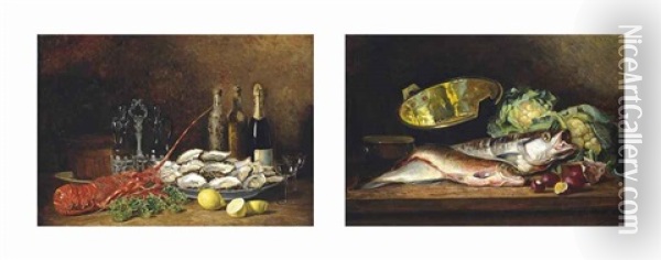 Lobster With Champagne And Oysters On A Ledge (+ Fish With Cabbages On A Ledge; Pair) Oil Painting - Eugene H. Frey