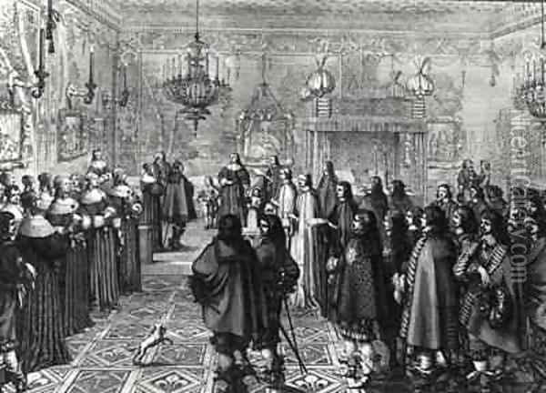 Ceremony passing the marriage contract of Wladyslaw IV (1595-1648) and Maria Ludwiga Gonzaga (1611-67) at Fontainebleau Oil Painting - Abraham Bosse