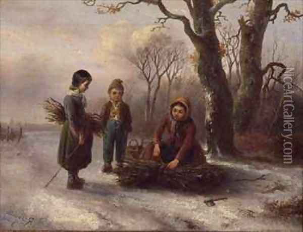Children Collecting Logs Oil Painting - R. Favelle