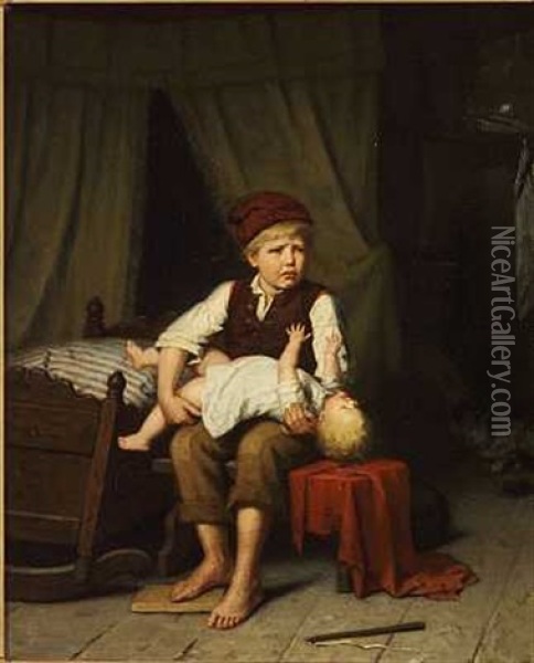 Lillebror Er Utidig Oil Painting - Auguste Ludwig